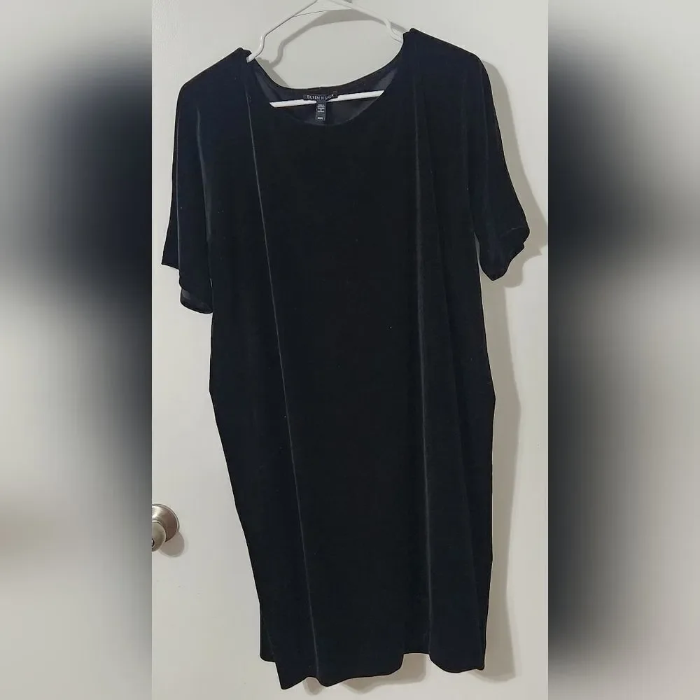 Eileen Fisher Black Stretch Velvet Short Sleeve Shift Dress Women's Size M